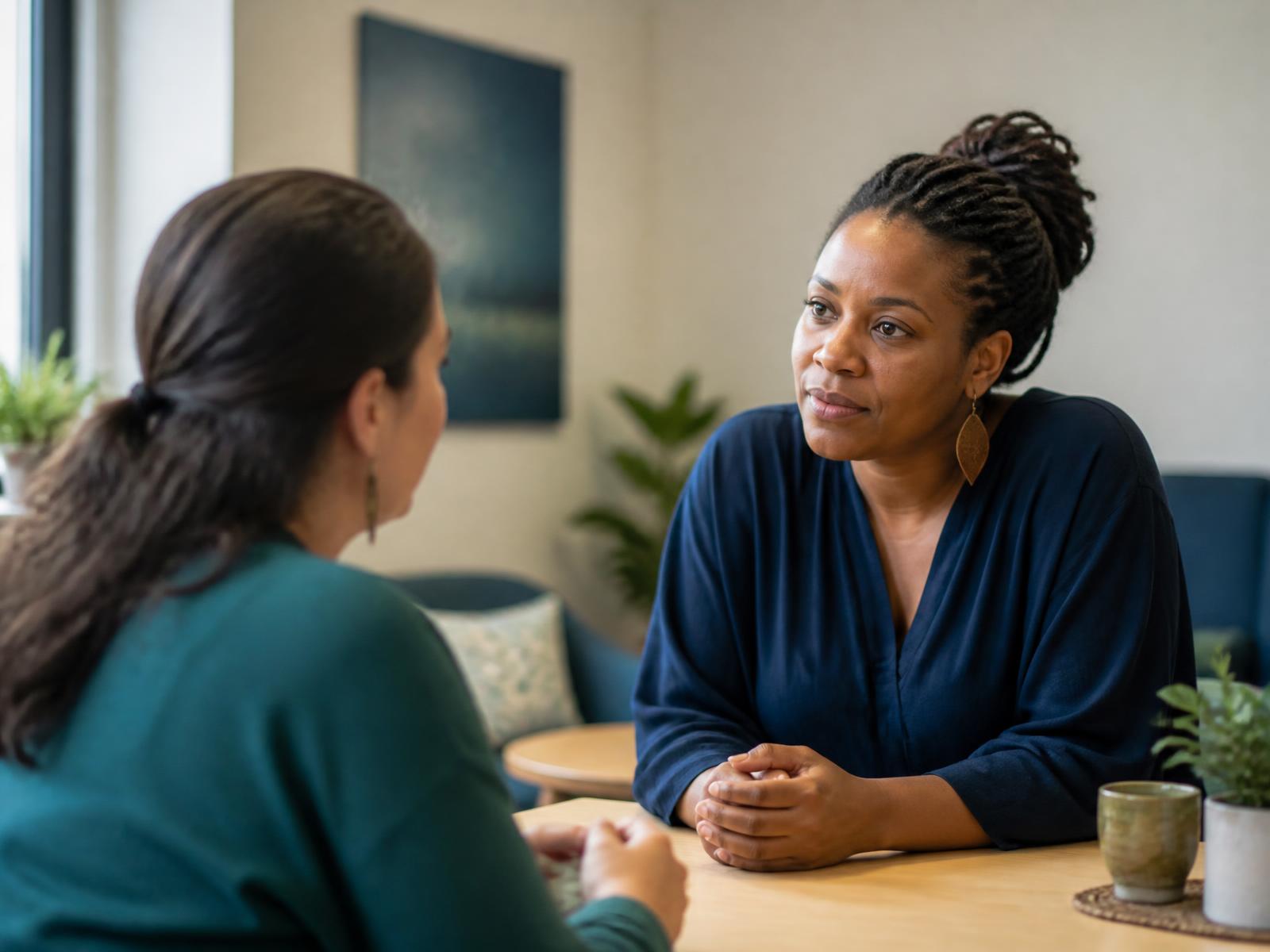 Two people sitting and talking calmly across a table in a bright community space